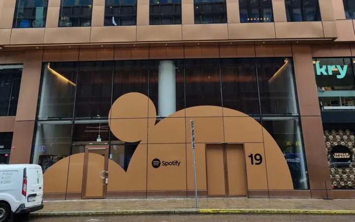 Spotify signage at the entrance of its Stockholm headquarters in 2024