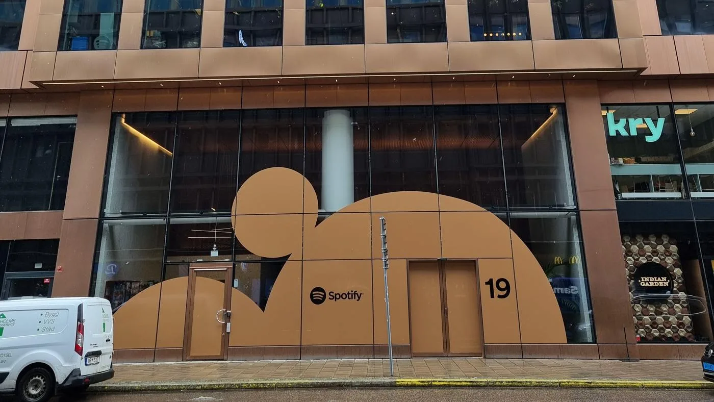 Spotify signage at the entrance of its Stockholm headquarters in 2024