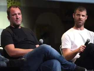 Trey Parker on the left and Matt Stone on the right speaking at Comic-Con in 2016