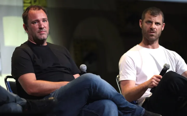 Trey Parker on the left and Matt Stone on the right speaking at Comic-Con in 2016