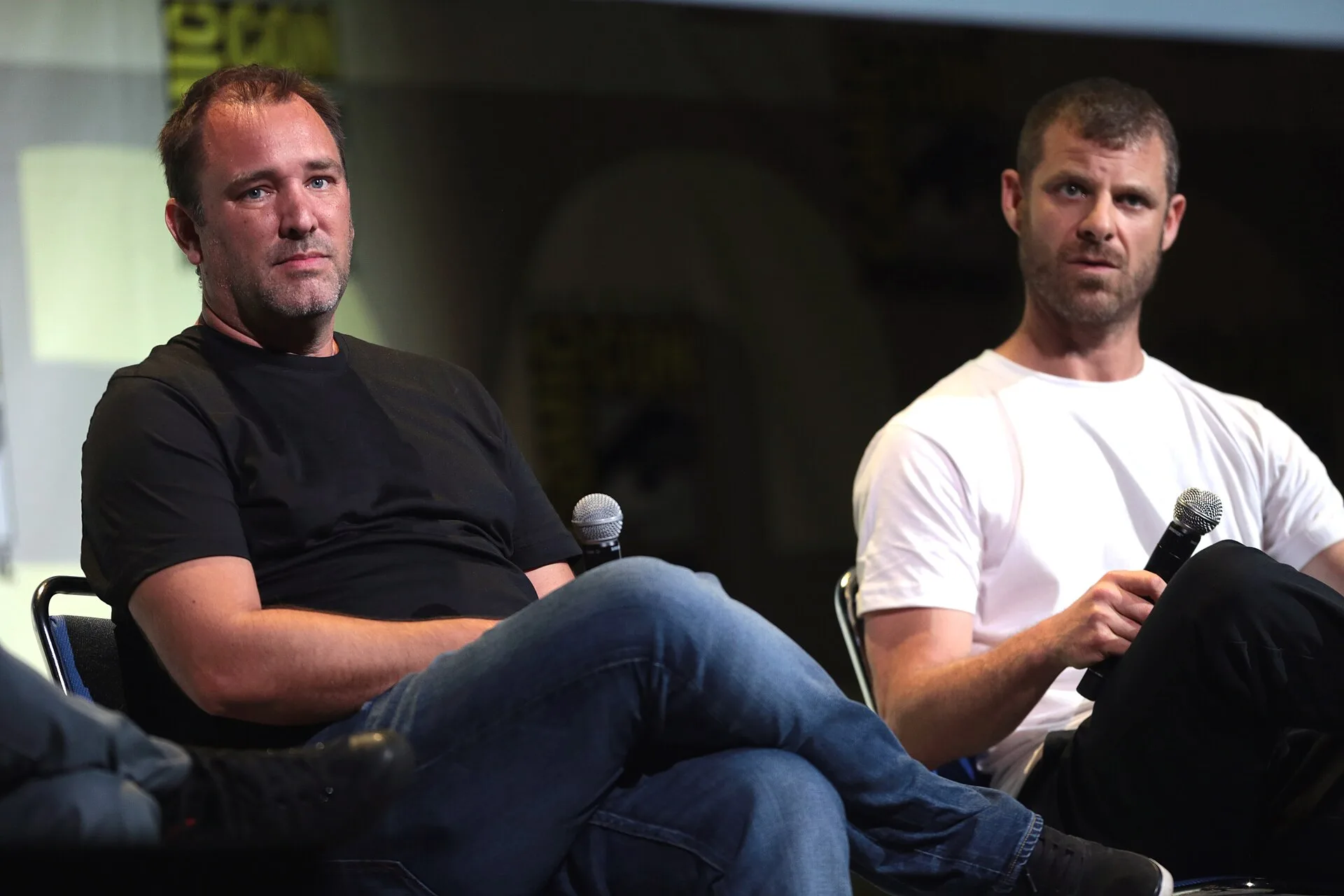 Trey Parker on the left and Matt Stone on the right speaking at Comic-Con in 2016