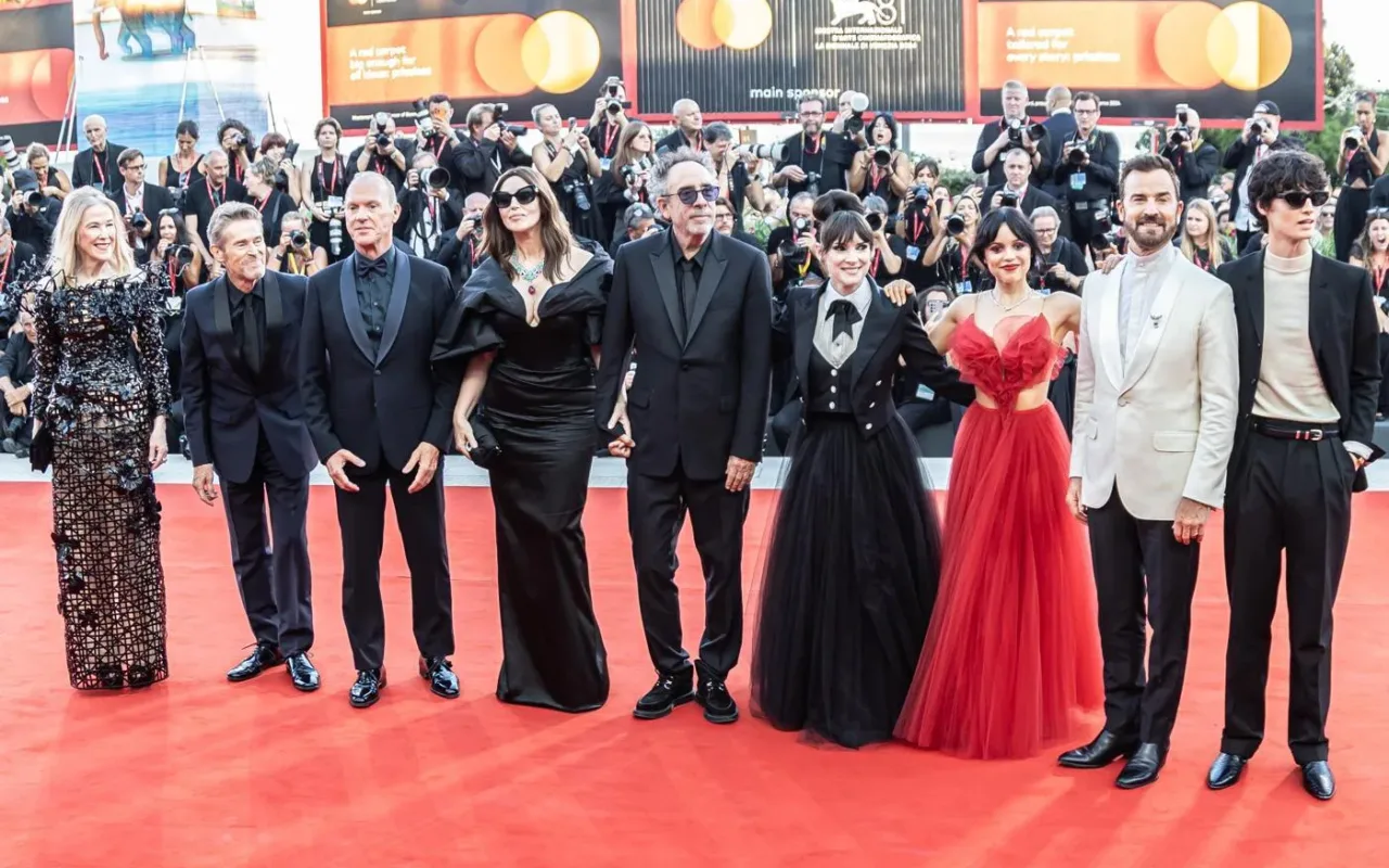 Winona Ryder, sixth from left, with the Beetlejuice Beetlejuice cast and crew at Venice in 2024