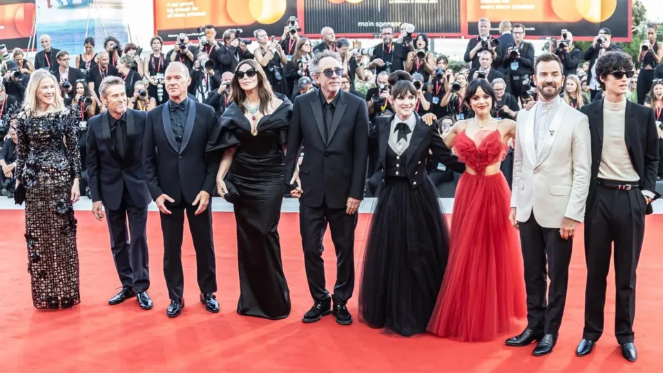 Winona Ryder, sixth from left, with the Beetlejuice Beetlejuice cast and crew at Venice in 2024