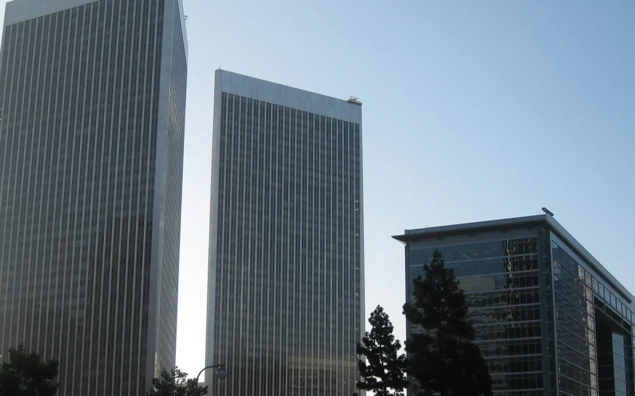 CAA's Century City building in front of the Century Plaza Towers in a 2008 photograph