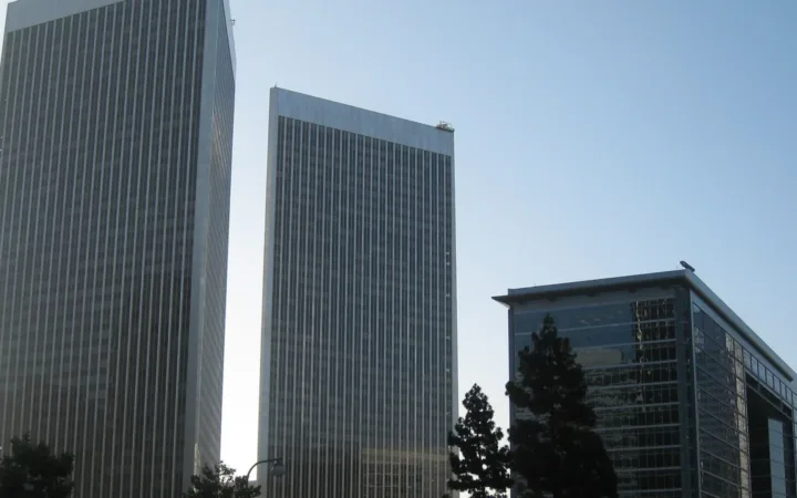 CAA's Century City building in front of the Century Plaza Towers in a 2008 photograph