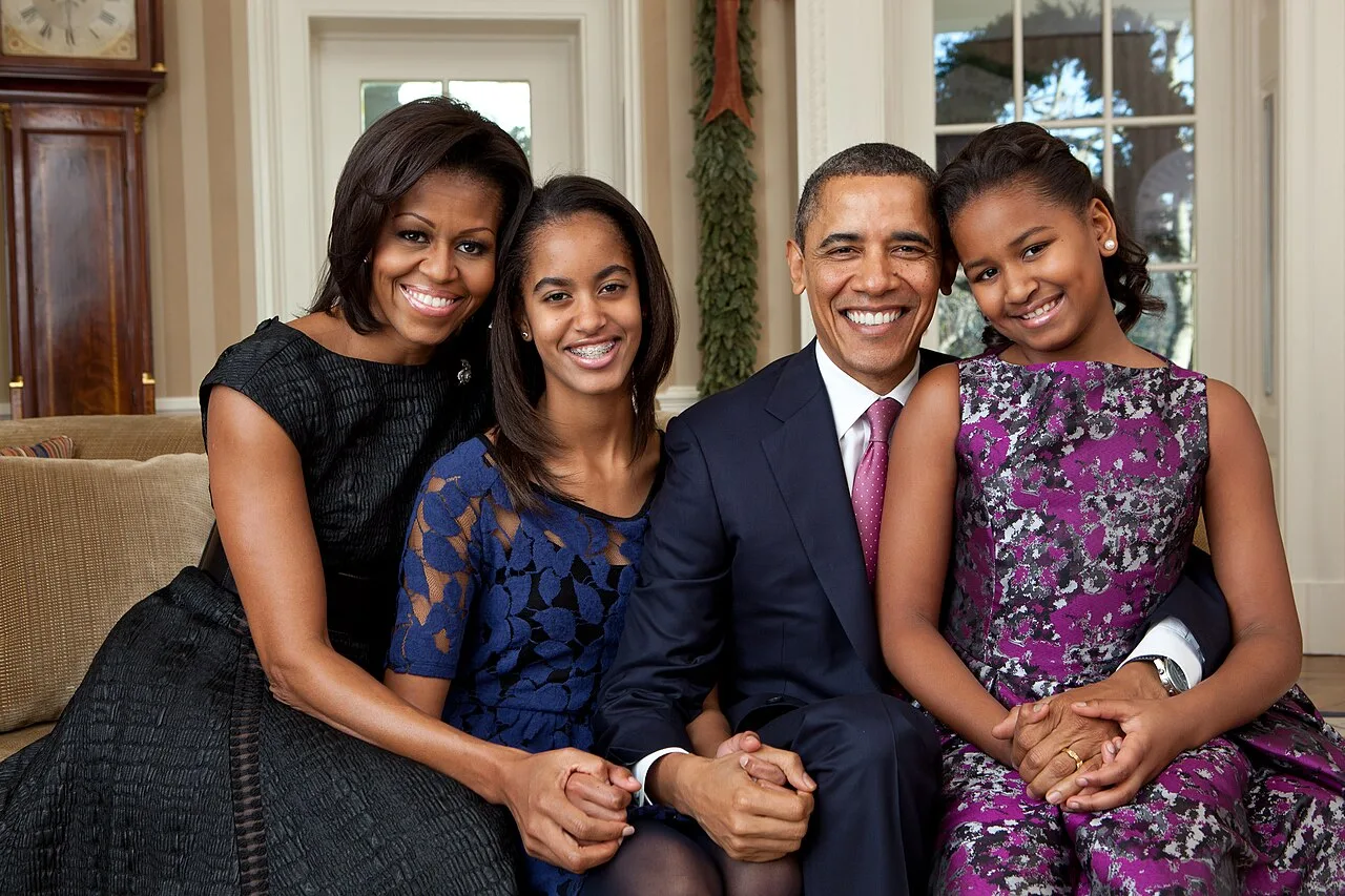 Barack and Michelle Obama with their daughters in an official 2011 family portrait